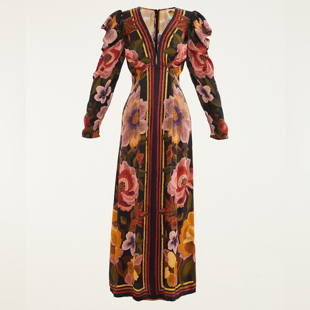 FARM Rio Black Floral Embroidered Midi Dress with Pink, Purple and Yellow Blooms